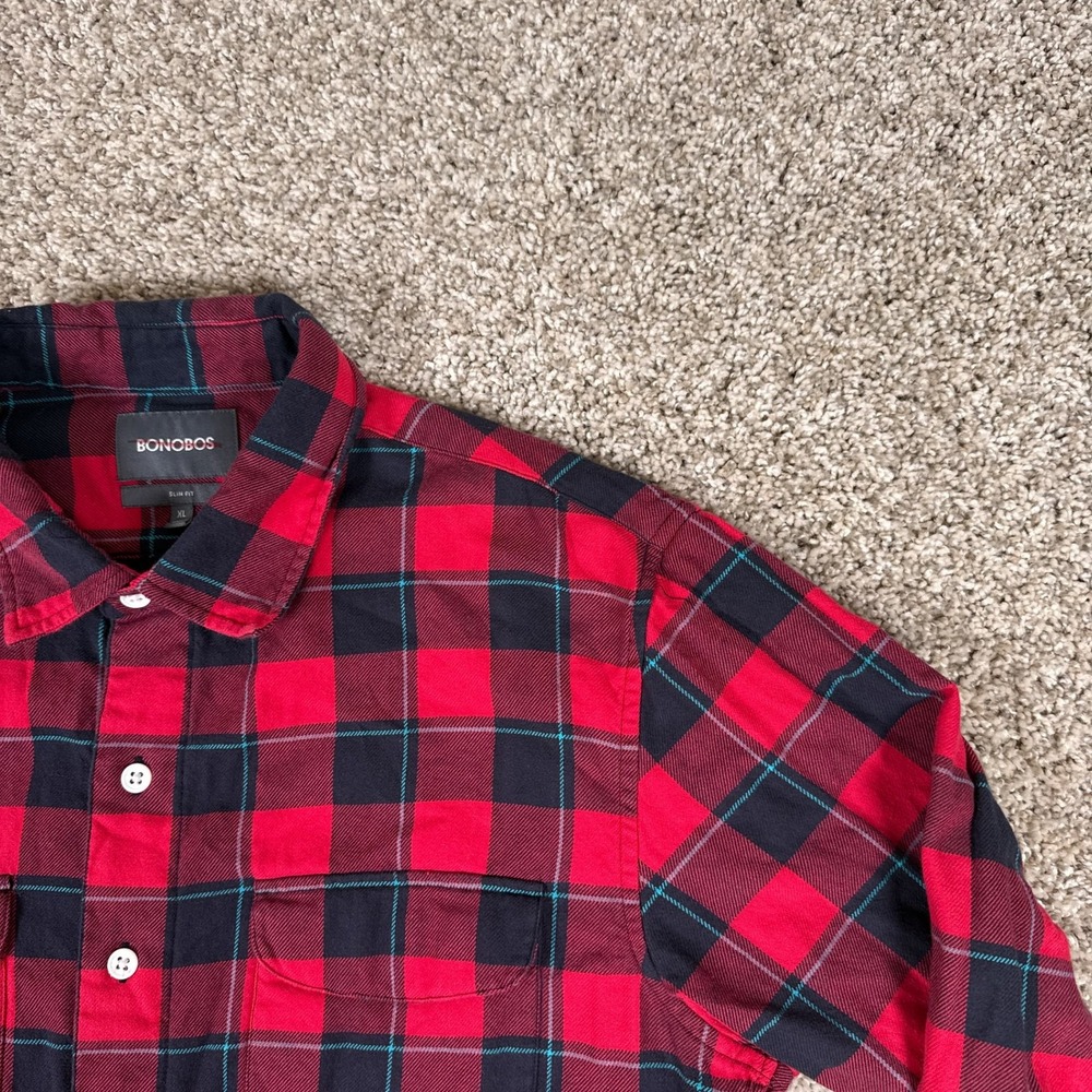 Bonobos Shirt Mens XL Red Black Plaid Flannel Button Up Long Sleeve Slim Fit - Picture 6 of 13